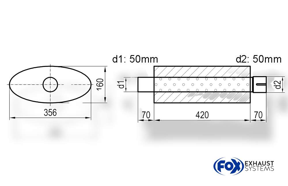 Uni-Schalldämpfer oval mit Stutzen - Abwicklung 818 356x160mm, d1Ø 50mm d2Ø 50,5mm, Länge: 420mm