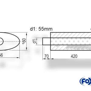 Uni-Schalldämpfer oval mit Stutzen - Abwicklung 818 356x160mm, d1Ø 55mm d2Ø 55,5mm, Länge: 420mm