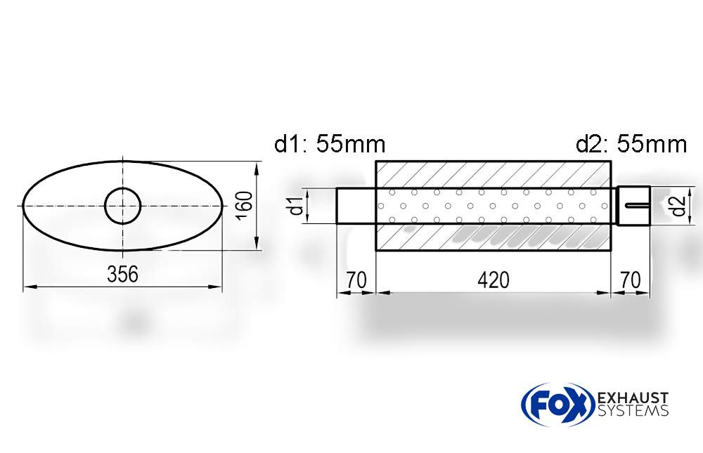 Uni-Schalldämpfer oval mit Stutzen - Abwicklung 818 356x160mm, d1Ø 55mm d2Ø 55,5mm, Länge: 420mm
