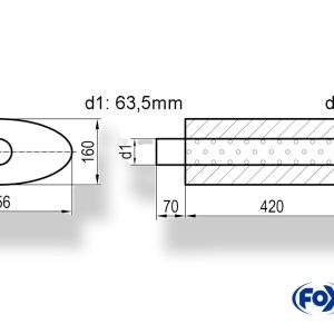 Uni-Schalldämpfer oval mit Stutzen - Abwicklung 818 356x160mm, d1Ø 63,5mm  d2Ø 64mm, Länge: 420mm