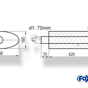 Uni-Schalldämpfer oval mit Stutzen - Abwicklung 818 356x160mm, d1Ø 70mm d2Ø 70,5mm, Länge: 420mm