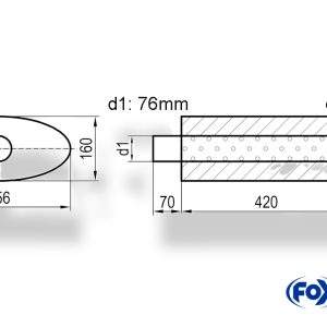 Uni-Schalldämpfer oval mit Stutzen - Abwicklung 818 356x160mm, d1Ø 76mm  d2Ø 76,5mm, Länge: 420mm