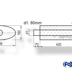 Uni-Schalldämpfer oval mit Stutzen - Abwicklung 818 356x160mm, d1Ø 80mm d2Ø 80mm Länge: 420mm