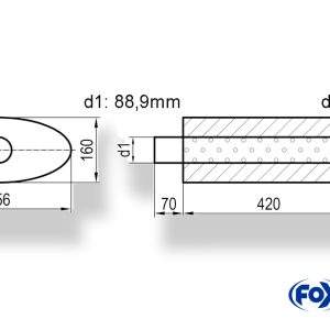 Uni-Schalldämpfer oval mit Stutzen - Abwicklung 818 356x160mm, d1Ø 88,9mm  d2Ø 88,9mm Länge: 420mm