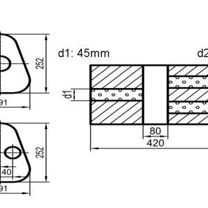 Uni-Schalldämpfer Dreieckig mit Kammer - Abwicklung 725 Variante 2 191x252mm, d1Ø 45mm außen / d2Ø 2x45mm außen - Länge: 420mm