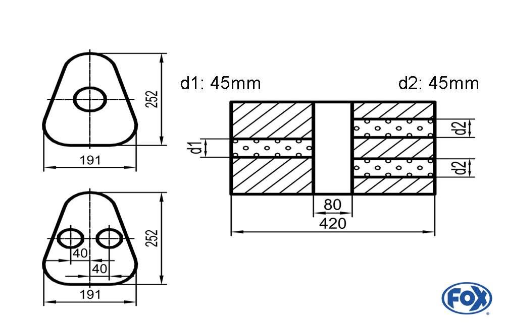 Uni-Schalldämpfer Dreieckig mit Kammer - Abwicklung 725 Variante 2 191x252mm, d1Ø 45mm außen / d2Ø 2x45mm außen - Länge: 420mm