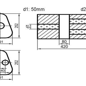 Uni-Schalldämpfer Dreieckig mit Kammer - Abwicklung 725 Variante 2 191x252mm, d1Ø 50mm außen / d2Ø 2x45mm außen - Länge: 420mm