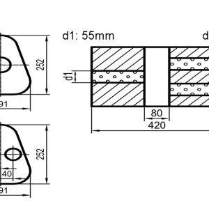 Uni-Schalldämpfer Dreieckig mit Kammer - Abwicklung 725 Variante 2 191x252mm, d1Ø 55mm außen / d2Ø 2x50mm außen - Länge: 420mm