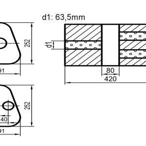 Uni-Schalldämpfer Dreieckig mit Kammer - Abwicklung 725 Variante 2 191x252mm, d1Ø 63,5mm außen / d2Ø 2x55mm außen - Länge: 420mm
